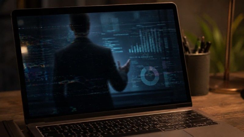 Laptop na biurku z ekranem przedstawiającym sylwetkę mężczyzny na tle wykresów, danych i cyfrowych zakłóceń symbolizujących cyberzagrożenia.