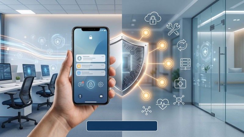 Szpitalny odział IT i cyberbezpieczeństwa oraz smartfon w dłoni.
