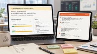 Na biurku w nowoczesnym biurze stoją laptop i tablet z otwartymi stronami statusowymi OpenAI i Claude, pokazującymi komunikaty o podwyższonej liczbie błędów.
