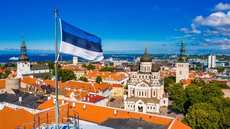 Flaga Estonii na tle panoramy miasta - zdjęcie poglądowe