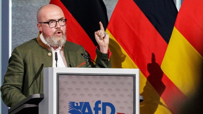 AfD deputy leader in Saxony-Anhalt Hans-Thomas Tillschneider at a campaign event in Madgeburg on 11 July 2026