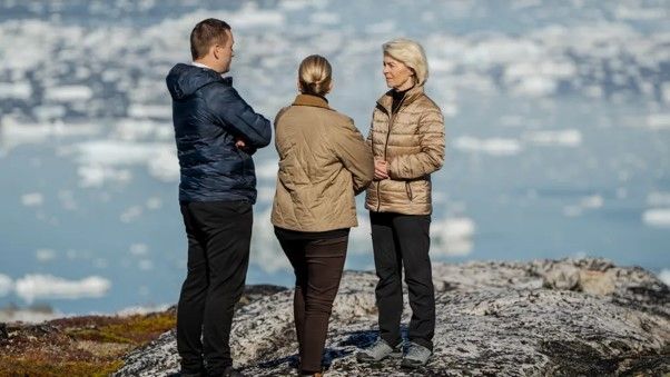 EU Commission President Ursula von der Leyen with Danish PM Mette Frederiksen and Greenlandic PM during her Greenland visit on 6-7 September 2026.