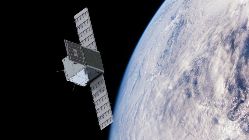 Wizualizacja satelity Eycore-1 na orbicie okołoziemskiej.