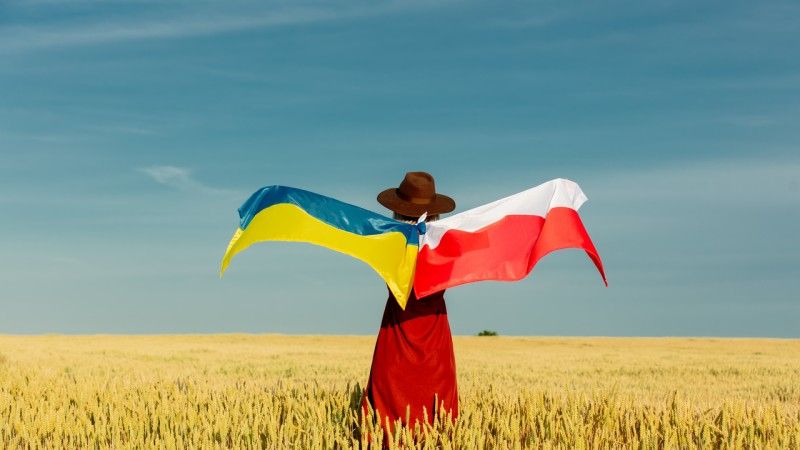 Kobieta na polu pszenicy trzyma flagę Ukrainy i Polski - zdjęcie poglądowe