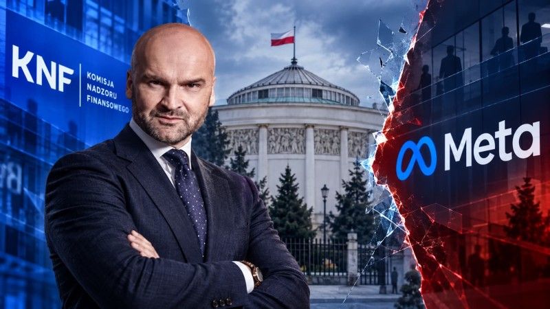 Rafał Brzoska w garniturze stoi na pierwszym planie na tle budynku Sejmu, a po bokach widoczne są logotypy KNF i Meta, rozdzielone pęknięciem symbolizującym konflikt.