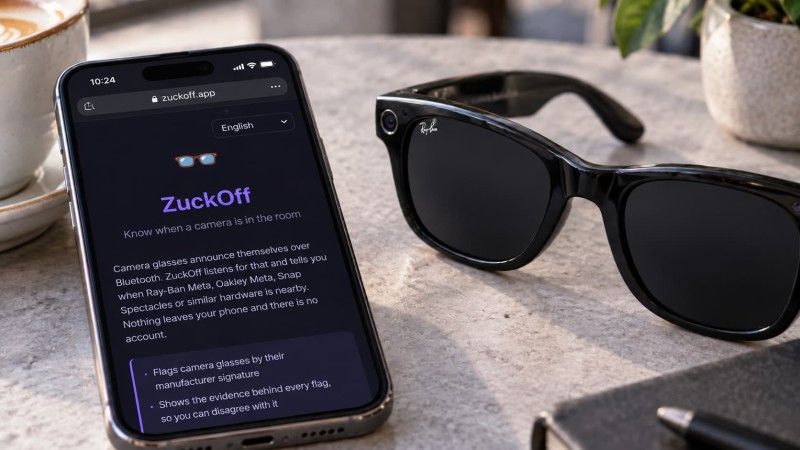Ilustracja przedstawiająca smartfon ze stroną ZuckOff oraz czarne okulary z kamerą leżące na jasnym stoliku.