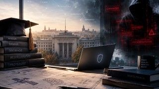 Ilustracja przedstawiająca uczelnię i środowisko akademickie w kontekście cyberbezpieczeństwa – po jednej stronie wiedza, badania i współpraca, po drugiej zagrożenia takie jak cyberataki, kradzież danych i szpiegostwo.