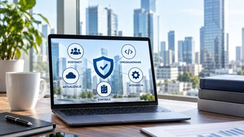 Laptop z grafiką przedstawiającą zabezpieczenie łańcucha dostaw oprogramowania, stojący na biurku w nowoczesnym biurze z widokiem na wieżowce.
