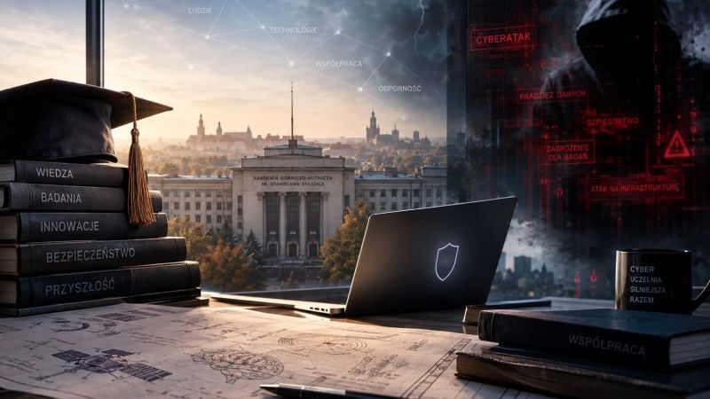 Ilustracja przedstawiająca uczelnię i środowisko akademickie w kontekście cyberbezpieczeństwa – po jednej stronie wiedza, badania i współpraca, po drugiej zagrożenia takie jak cyberataki, kradzież danych i szpiegostwo.