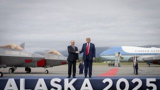 President Donald J. Trump welcomes Russian President Vladimir Putin to Joint Base Elmendorf-Richardson, Anchorage, Alaska, August 15, 2025.