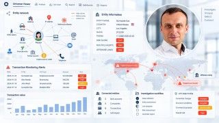 Ilustracja przedstawiająca jasny panel analityczny inspirowany systemem DataWalk, z mapą powiązań, tabelami alertów i wskaźnikami ryzyka, a w prawym górnym rogu okrągły portret Pawła Wieczyńskiego.