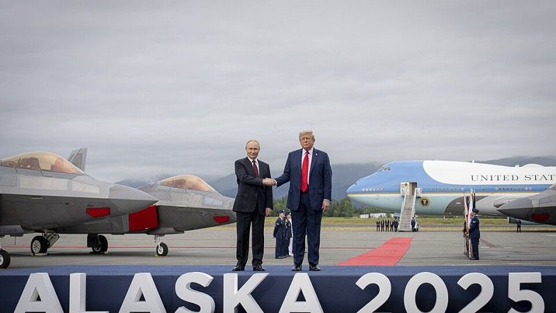 President Donald J. Trump welcomes Russian President Vladimir Putin to Joint Base Elmendorf-Richardson, Anchorage, Alaska, August 15, 2025.