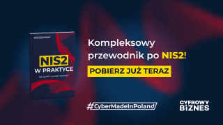 Grafika promująca przewodnik „NIS2 w praktyce. Jak spełnić wymogi regulacji?” z hasłem „Kompleksowy przewodnik po NIS2! Pobierz już teraz”.