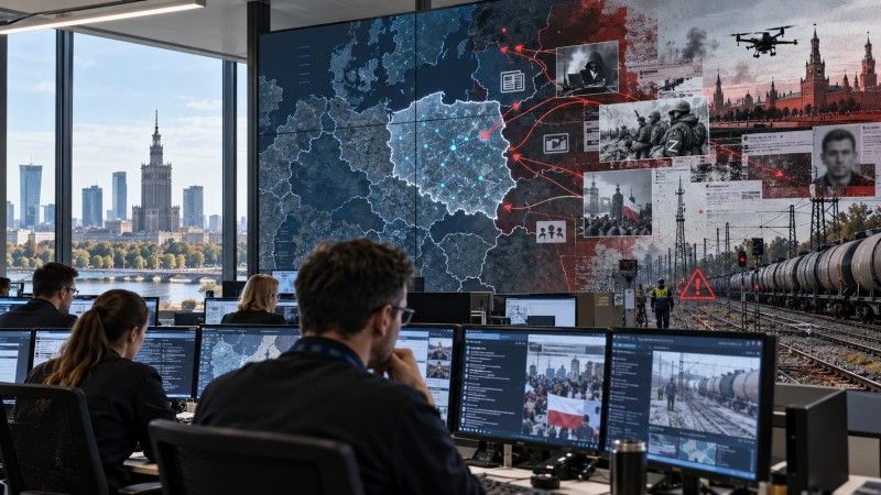 Centrum monitoringu i analiz z widokiem na Warszawę; na głównym ekranie mapa Polski i Europy, materiały dotyczące Rosji, działań informacyjnych, sabotażu i infrastruktury krytycznej.