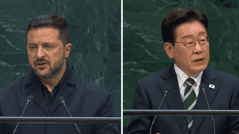 Ukrainian President Volodymyr Zelenskyy and his South Korean counterpart Lee Jae Myung.