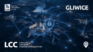 Grafika przedstawiająca mapę Gliwic z panoramą miasta, siecią cyfrowych połączeń i symbolem kłódki. Materiał promuje Lokalne Centrum Cyberbezpieczeństwa tworzone przez Śląską Sieć Metropolitalną.
