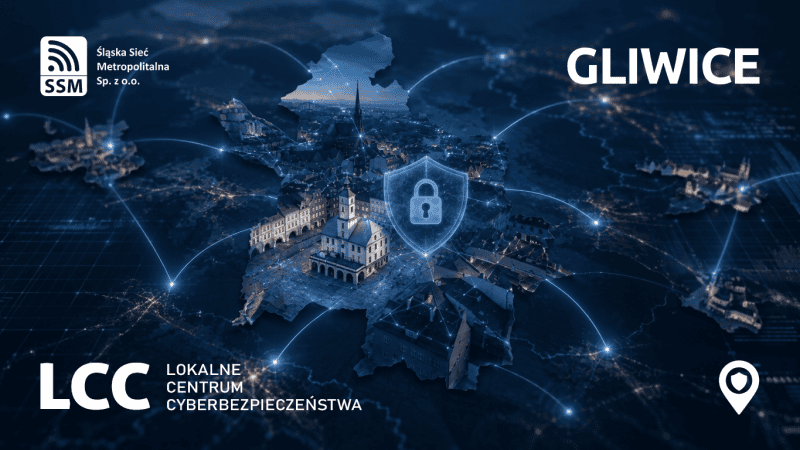 Grafika przedstawiająca mapę Gliwic z panoramą miasta, siecią cyfrowych połączeń i symbolem kłódki. Materiał promuje Lokalne Centrum Cyberbezpieczeństwa tworzone przez Śląską Sieć Metropolitalną.