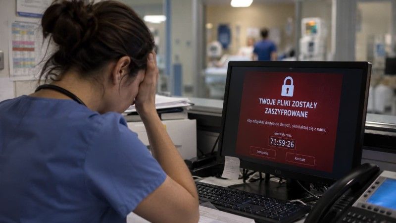 Pracownica szpitala siedzi przy stanowisku komputerowym, na którego ekranie wyświetla się komunikat o zaszyfrowaniu plików w wyniku ataku ransomware; w tle widoczny jest szpitalny oddział i personel medyczny.
