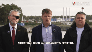 Grzegorz Braun na konferencji w niemieckim Lubminie.