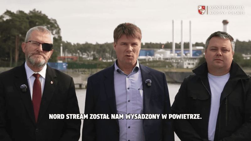 Grzegorz Braun na konferencji w niemieckim Lubminie.