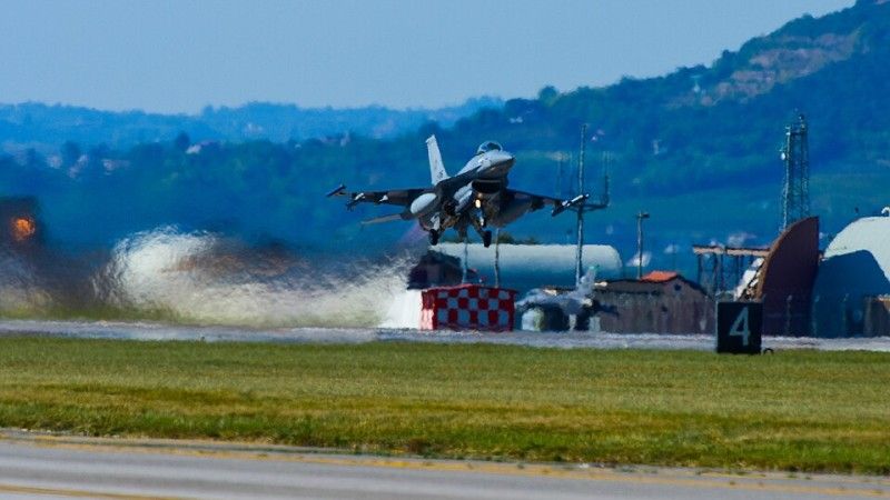 A Netherlands F-16 Fighting Falcon takes off for exercise Steadfast Noon in Northern Italy, Oct. 17, 2023.