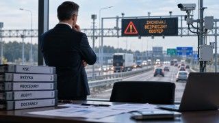 Mężczyzna w garniturze stoi w biurze centrum zarządzania drogami i obserwuje ruch na autostradzie. Na biurku znajdują się dokumenty dotyczące KSC, analizy ryzyka, procedur bezpieczeństwa i audytów.
