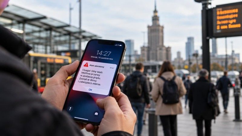 Osoba trzyma smartfon z wyświetlonym komunikatem alarmowym ostrzegającym przed silnym wiatrem i możliwymi przerwami w dostawie prądu. W tle widać przechodniów, komunikację miejską oraz Pałac Kultury i Nauki w Warszawie.