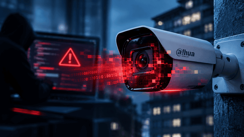 Kamera Dahua, która została zhakowana przez cyberprzestępcę w tle.