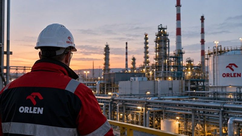 Pracownik w odzieży ochronnej i kasku z logo ORLEN obserwuje instalacje rafineryjne. W tle widoczne są rurociągi, zbiorniki paliwowe i kominy przemysłowe oświetlone o zmierzchu.